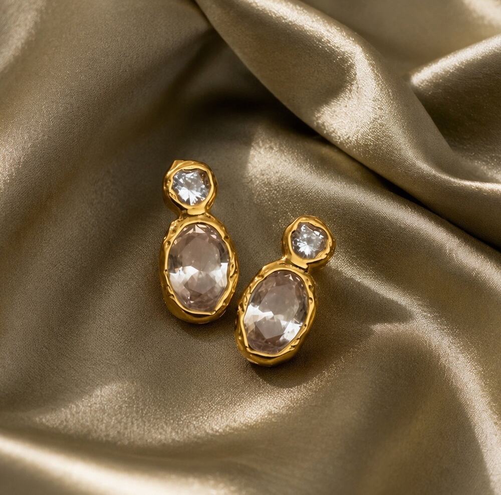 Molten Crystal Gold Earrings Hammered Boho Statement Clear Stud Julie Vos VTG CZ